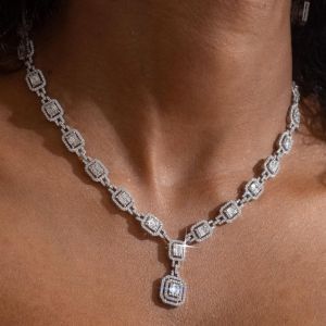 Fancy Halo Baguette & Round Cut White Sapphire Pendant Necklace For Women