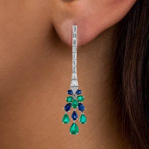 Elegant Pear & Baguette Cut Blue & Emerald Sapphire Drop Earrings For Women