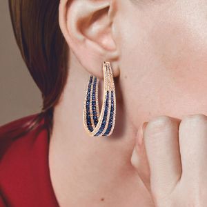 Rose Gold Multi Row Round Cut Blue Sapphire Hoop Earrings For Women  