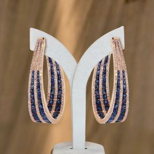 Rose Gold Multi Row Round Cut Blue Sapphire Hoop Earrings For Women  