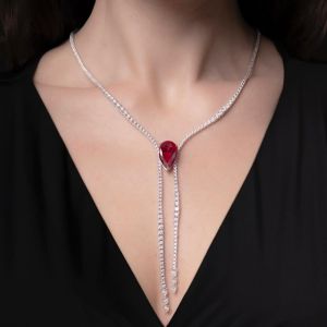 Classic Pear Cut Ruby Sapphire Lariat Necklace For Women