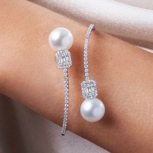 Open Design Baguette Cut Pearl & White Sapphire Bangle Bracelet For Women