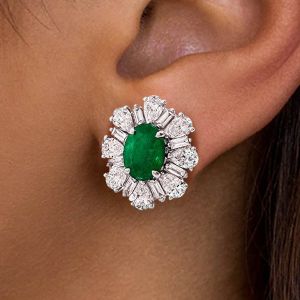 Elegant Halo Oval Cut Emerald Sapphire Stud Earrings For Women