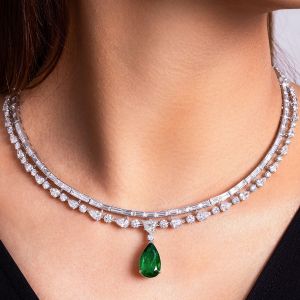 Elegant Double Row Pear Cut Emerald Sapphire Pendant Necklace For Women