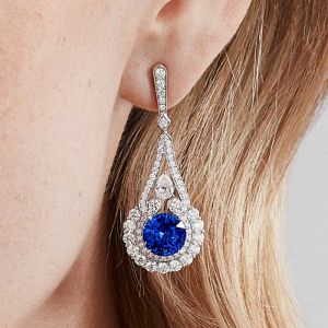 Classic Halo Round Cut Blue Sapphire Drop Earrings For Women