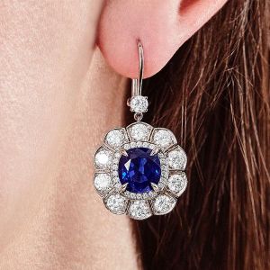 Vintage Halo Cushion Cut Blue Sapphire Drop Earrings For Women