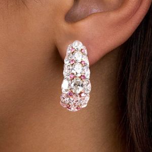Two Tone Oval Cut White & Pink Sapphire Hoop Earrings For Women 