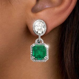 Halo Asscher & Oval Cut Emerald & White Sapphire Drop Earrings For Women