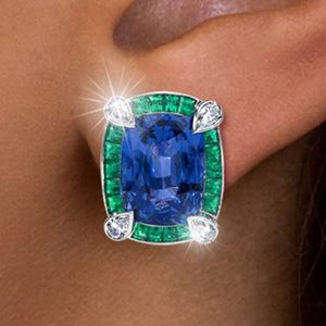 Halo Cushion Cut Blue & Emerald Sapphire Jewellery Stud Earrings For Women