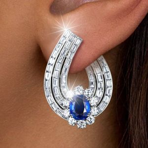 Halo Cushion & Round Cut Blue Sapphire Hoop Earrings For Women