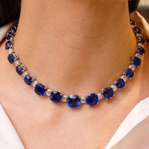 Elegant Cushion Cut Blue Sapphire Tennis Necklace For Women