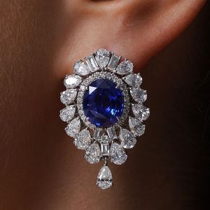 Double Halo Oval Cut Blue Sapphire Drop Earrings For Women