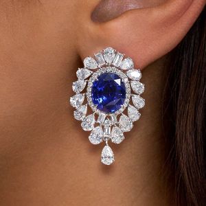 Double Halo Oval Cut Blue Sapphire Drop Earrings For Women