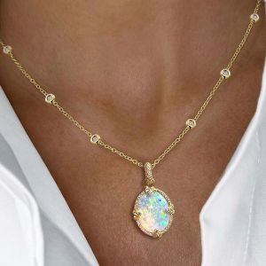 Golden Oval Cut Opal Pendant Necklace For Women