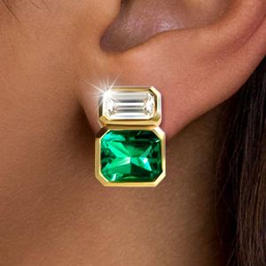Classic Golden Emerald Cut Emerald & White Sapphire Stud Earrings For Women