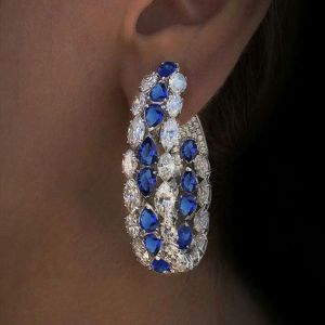 Luxury Pear Cut Blue & White Sapphire Three Row Hoop Earrings For Women
