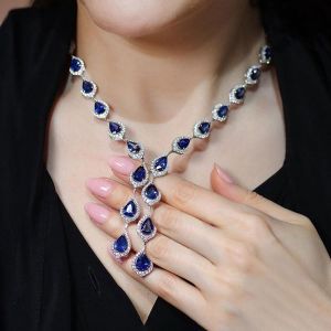 Elegant Pear Cut Blue Sapphire Lariat Necklace For Women