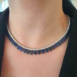 Elegant Double Row Oval & Round Cut Blue & White Sapphire Tennis Necklace For Women 