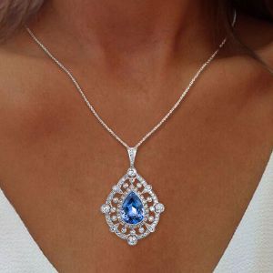 Antique Milgrain Halo Pear Cut Blue Sapphire Pendant Necklace For Women