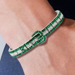 Art Deco Round Cut Emerald & White Sapphire Bracelet For Women