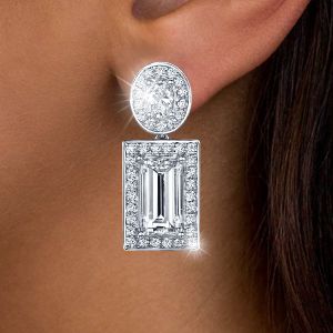 Halo Emerald & Oval Cut White Sapphire Drop Earrings For Women
