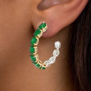 Two Tone Oval Cut Emerald & White Sapphire Hoop Earrings For Women 