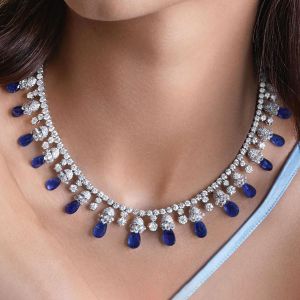 Classic Pear & Round Cut Blue & White Sapphire Pendant Necklace For Women 