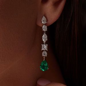 Two Tone Pear Cut Emerald & White Sapphire Drop Earrings For Women 