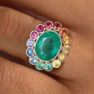 Halo Rainbow Oval Cut Emerald Sapphire Engagement Ring For Women 
