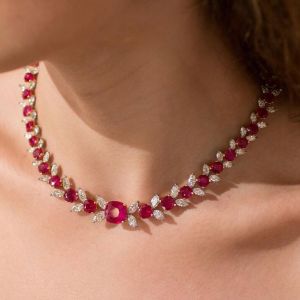 Two Tone Cushion Cut Ruby & White Sapphire Tennis Necklace For Women 