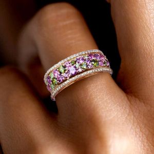 Golden Round Cut Peridot & Amethyst Sapphire Wedding Band For Women  