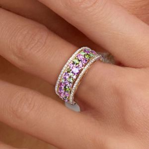 Golden Round Cut Peridot & Amethyst Sapphire Wedding Band For Women  