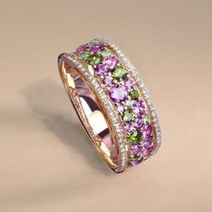Golden Round Cut Peridot & Amethyst Sapphire Wedding Band For Women  