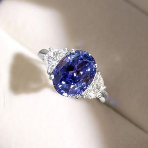 Three Stone Oval Cut Blue Sapphire Engagement Ring For Women 