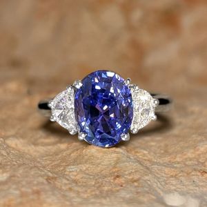 Three Stone Oval Cut Blue Sapphire Engagement Ring For Women 