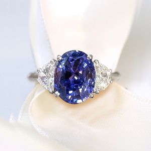 Three Stone Oval Cut Blue Sapphire Engagement Ring For Women 