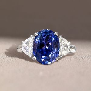 Three Stone Oval Cut Blue Sapphire Engagement Ring For Women 