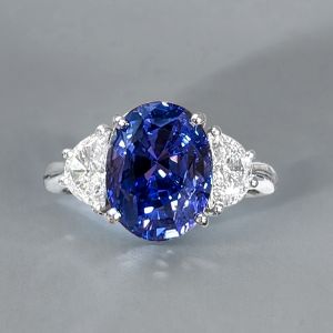 Three Stone Oval Cut Blue Sapphire Engagement Ring For Women 