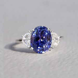 Three Stone Oval Cut Blue Sapphire Engagement Ring For Women 