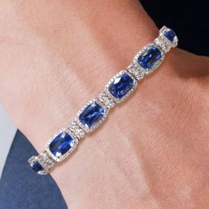Halo Cushion Cut Blue Sapphire Jewelry Tennis Bracelet For Women  