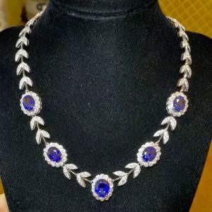 Elegant Halo Oval Cut Blue Sapphire Necklace For Women