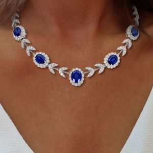 Elegant Halo Oval Cut Blue Sapphire Necklace For Women