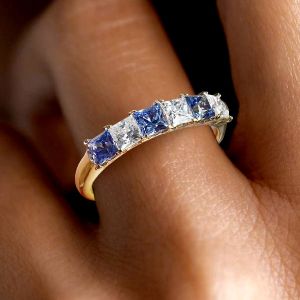 Golden Asscher Cut Blue Sapphire Wedding Band Women's Jewelry 
