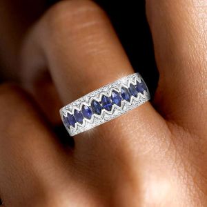 Three Row Marquise Cut Blue Sapphire Wedding Band For Women 