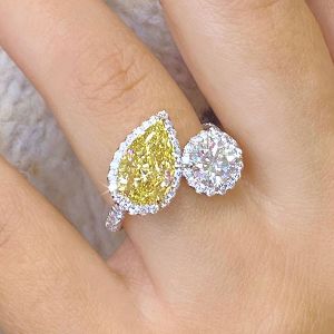 Halo Two Tone Pear & Round Cut Yellow & White Sapphire Engagement Ring For Women