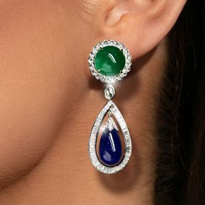 Halo Two Tone Round & Pear Cut Emerald & Blue Sapphire Drop Earrings For Women