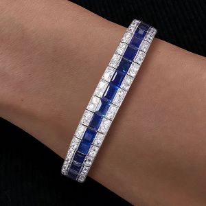 Milgrain Emerald Cut Blue Sapphire Tennis Bracelet For Women 