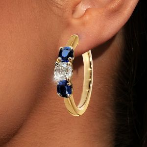 Golden Cushion Cut White & Blue Sapphire Hoop Earrings For Women