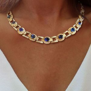 Golden Oval Cut Blue Sapphire Jewelry Wedding Necklace For Women 