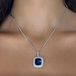 Double Halo Cushion Cut Blue Sapphire Jewelry Pendant Wedding Necklace For Women